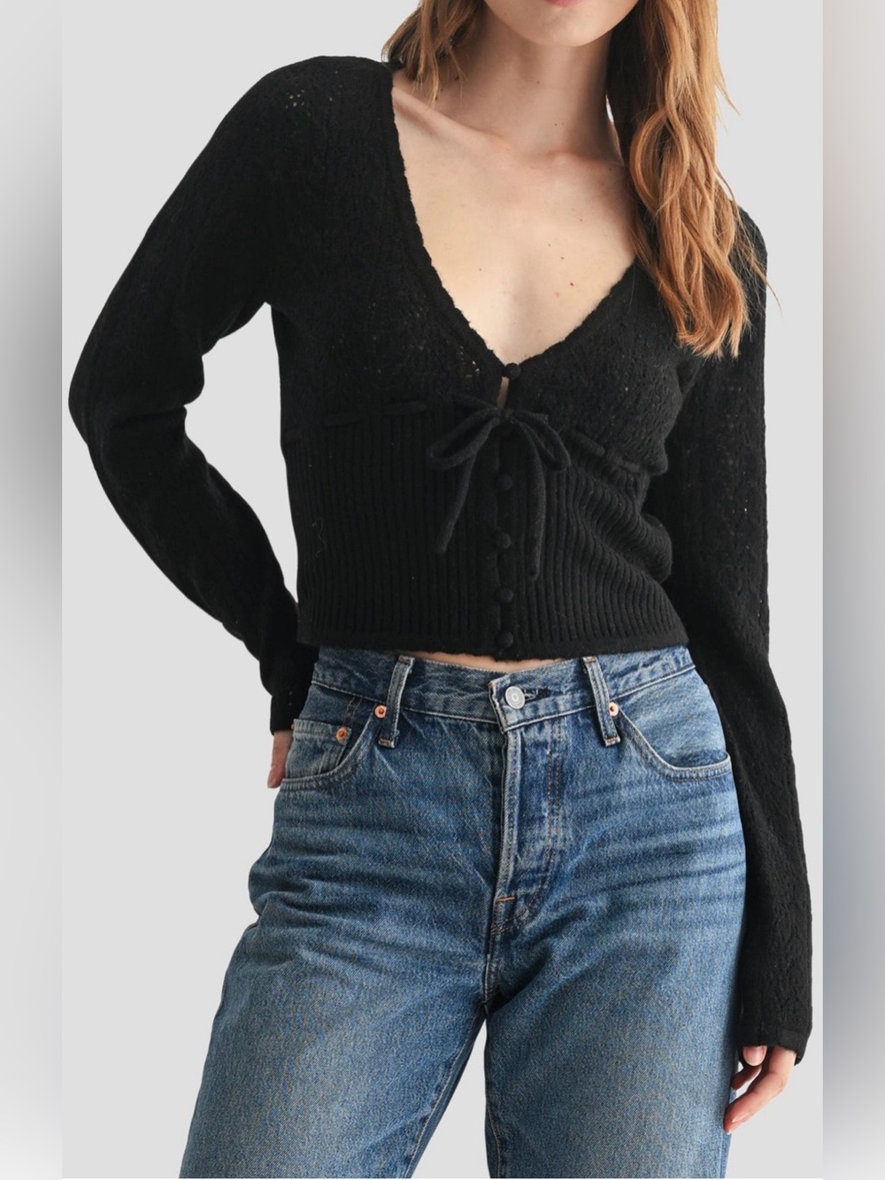 All in Favor Women's S Black Knit V-Neck Cropped Button Tie Cardigan Sweater